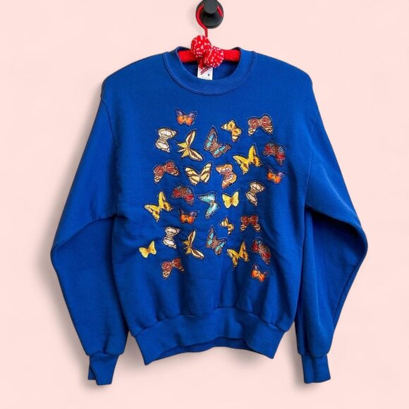 Vintage Jerzees Made In USA Cotton/Polyester Sweater Sweatshirt Blue Butterfly - Picture 1 of 8